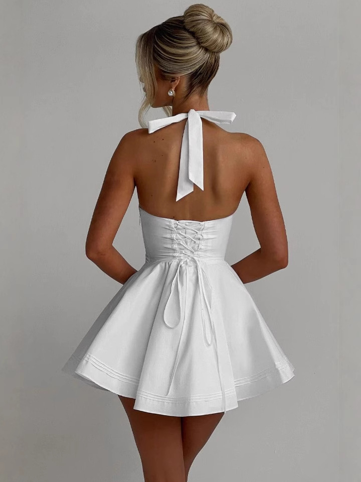 French Design Deep V Neck Open Back Halter Mini Dress Slim A-Line Summer Dress - Image 3