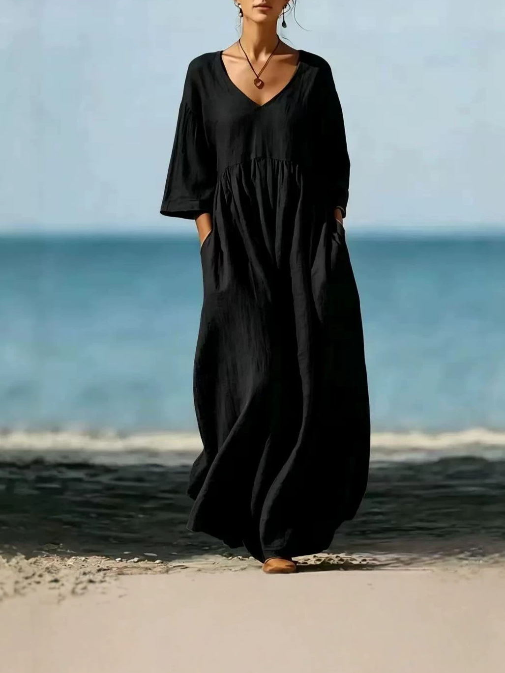 V-Neck Half-Sleeve Casual Loose Long Cotton-Linen Blend Dress - Image 4