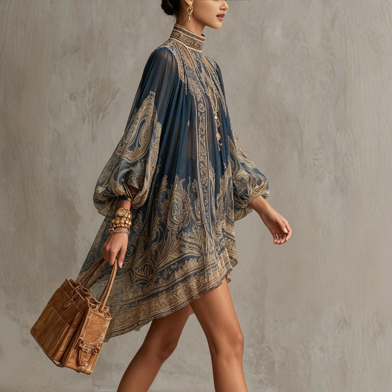 Bohemian Print Long Sleeve Dress - Image 5