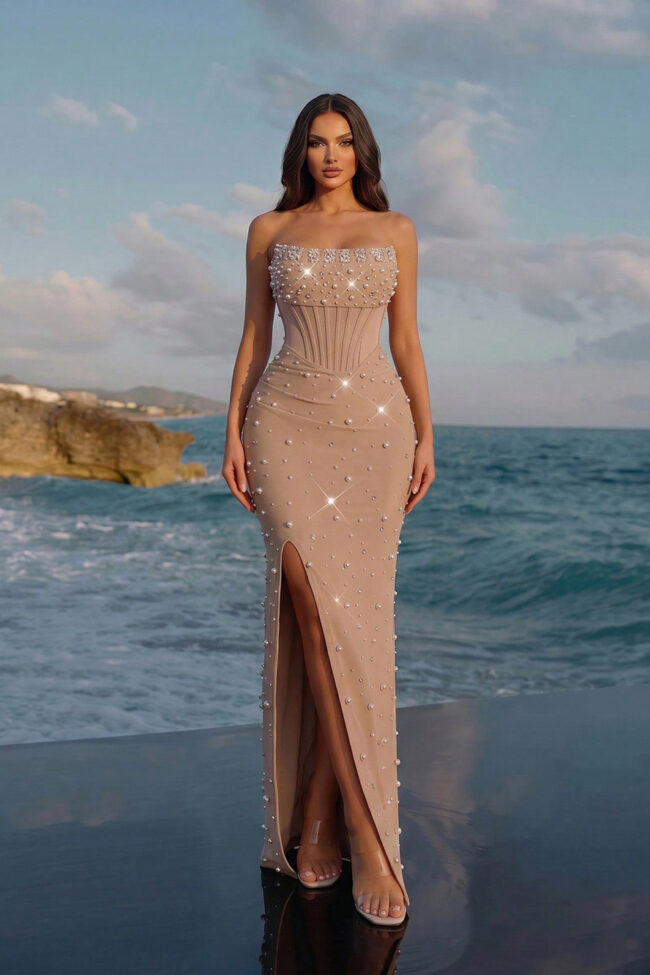 The Nathalie Elegant Strapless Slim Fit Long Dress with Pearl Decoration Detail – La Rose Couture Dresses & Gowns