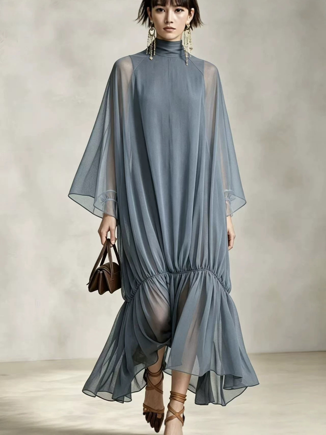 Loose Fit Pleated Dress with Batwing Sleeves - Image 5
