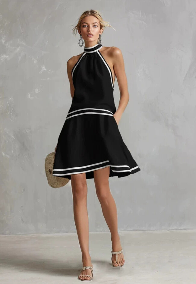 The Elodie Halter Neck Striped Trim Dress Detail – La Rose Couture Dresses & Gowns