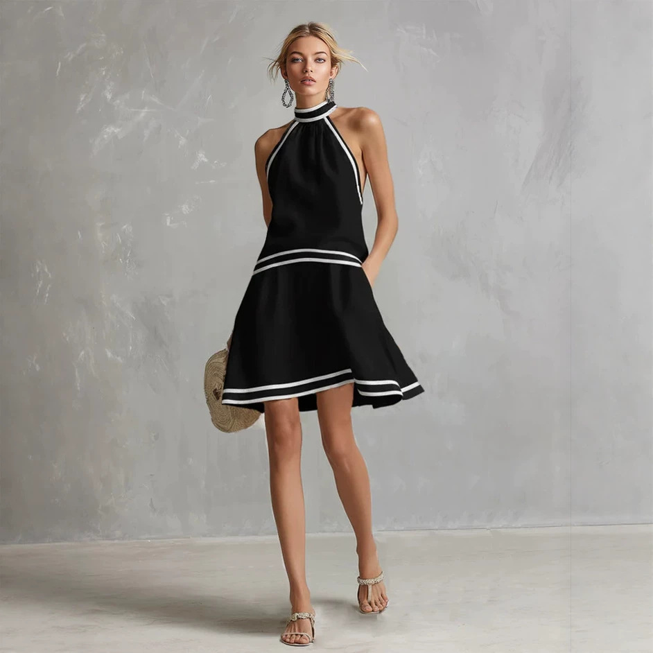 Halter Neck Striped Trim Dress - Image 3