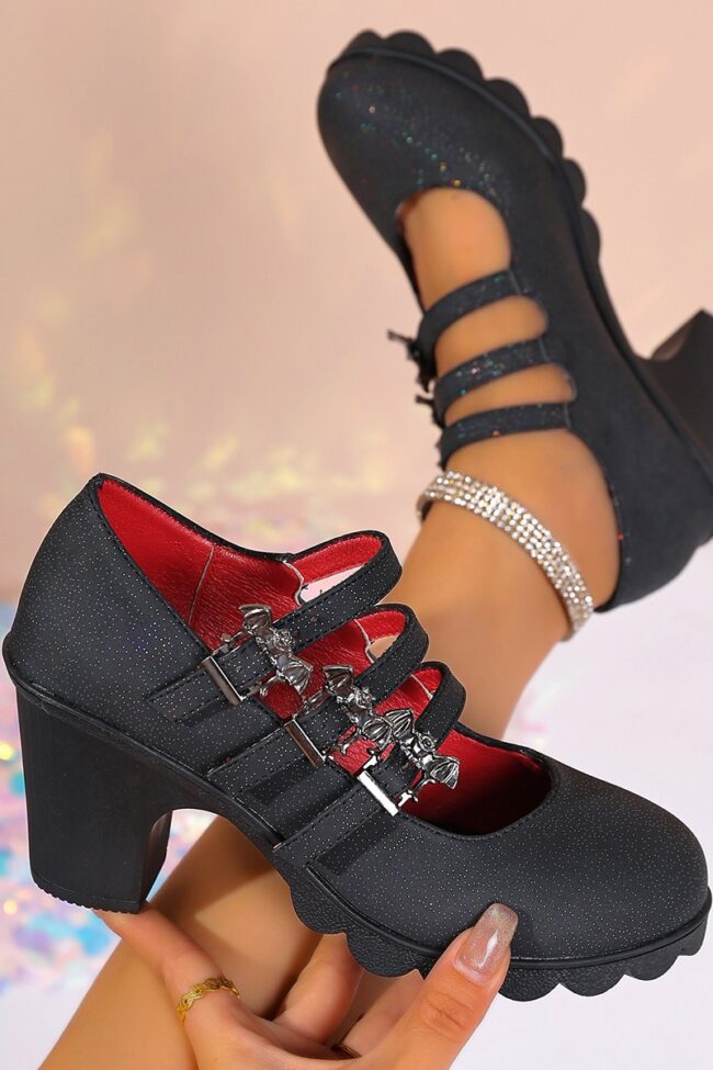 Thick Soled Square Toe Flat Top Strap Covered High Heeled Sandals Detail – La Rose Couture Shoes & Footwear