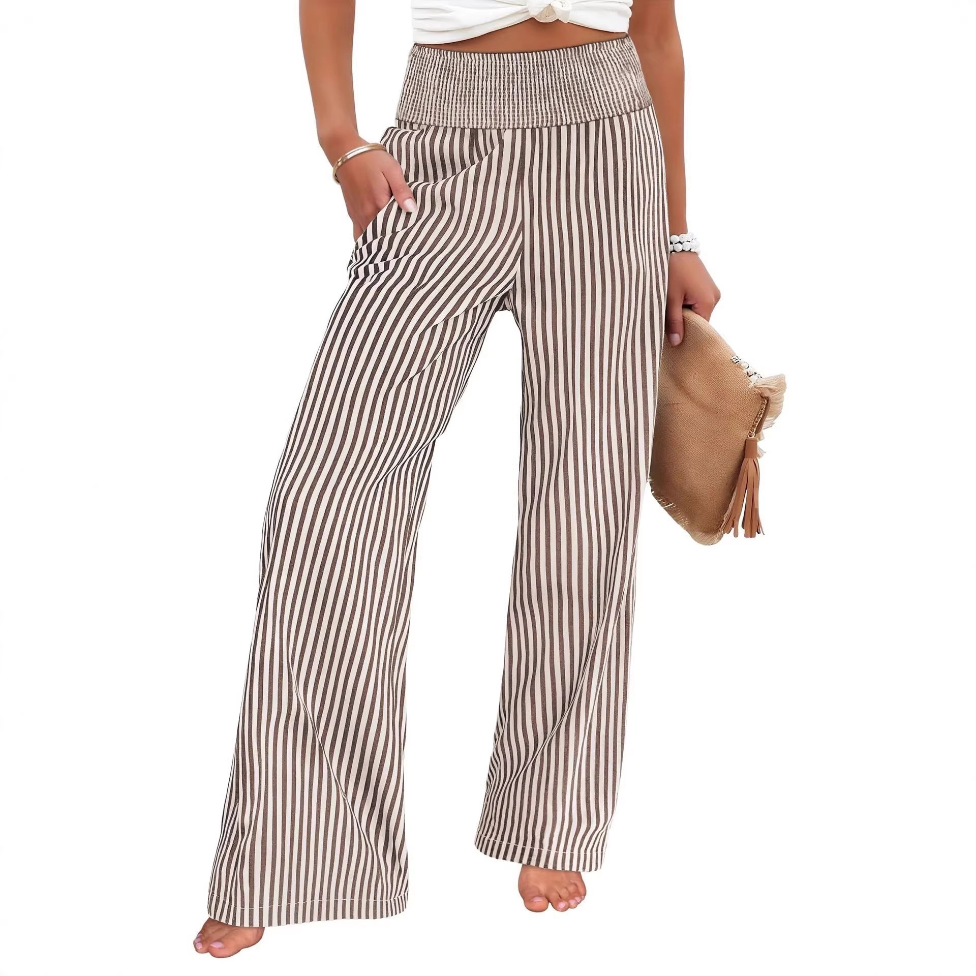 Womens Loose Striped Cotton Linen Casual Pants with Elastic Waist - Image 4