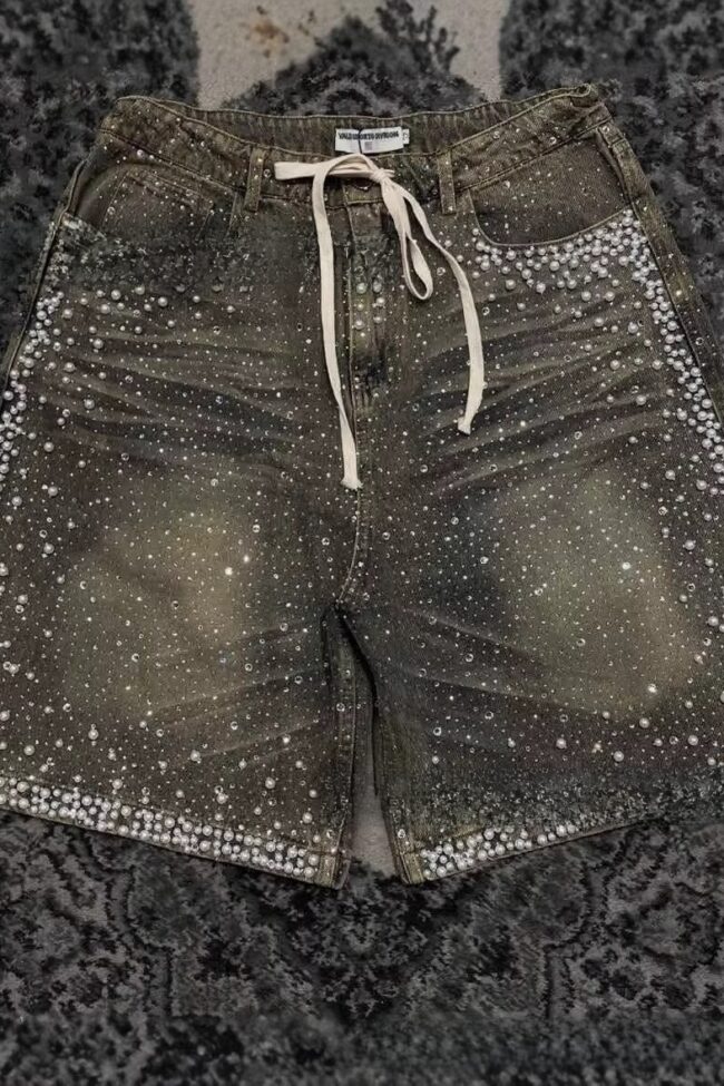 The Delphine Vintage Rhinestone Denim Shorts Detail – La Rose Couture Trousers & Skirts