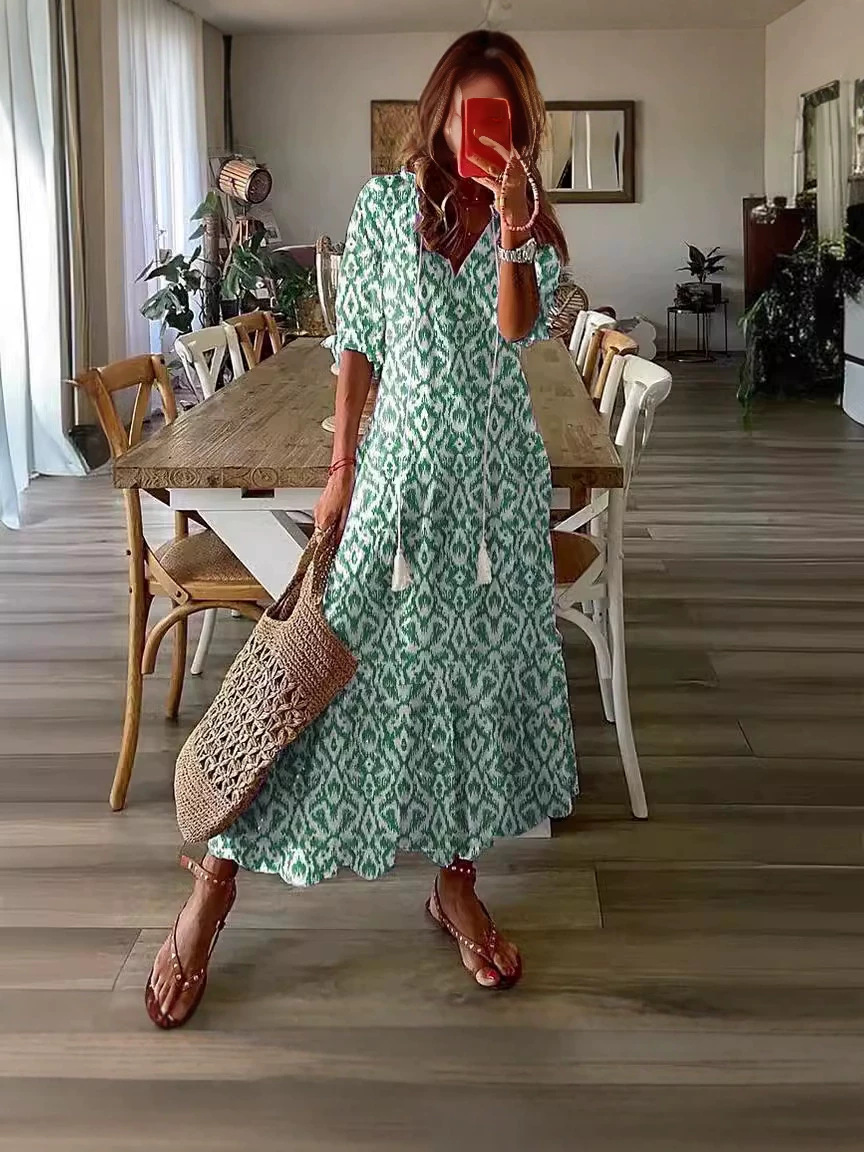 Women V-Neck Printed Fringe Bell Sleeve Loose Maxi Dress - Image 2