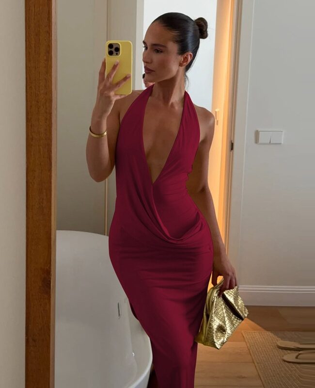 The Sabine Halter Neck Deep V Backless Slit Dress Detail – La Rose Couture Dresses & Gowns