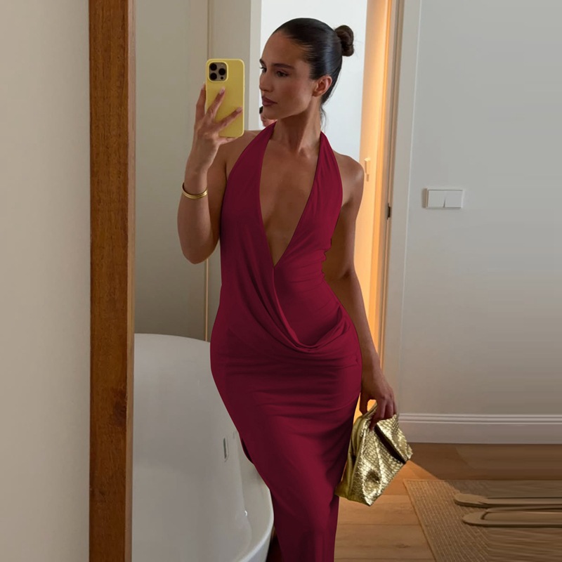 Halter Neck Deep V Backless Slit Dress - Image 4