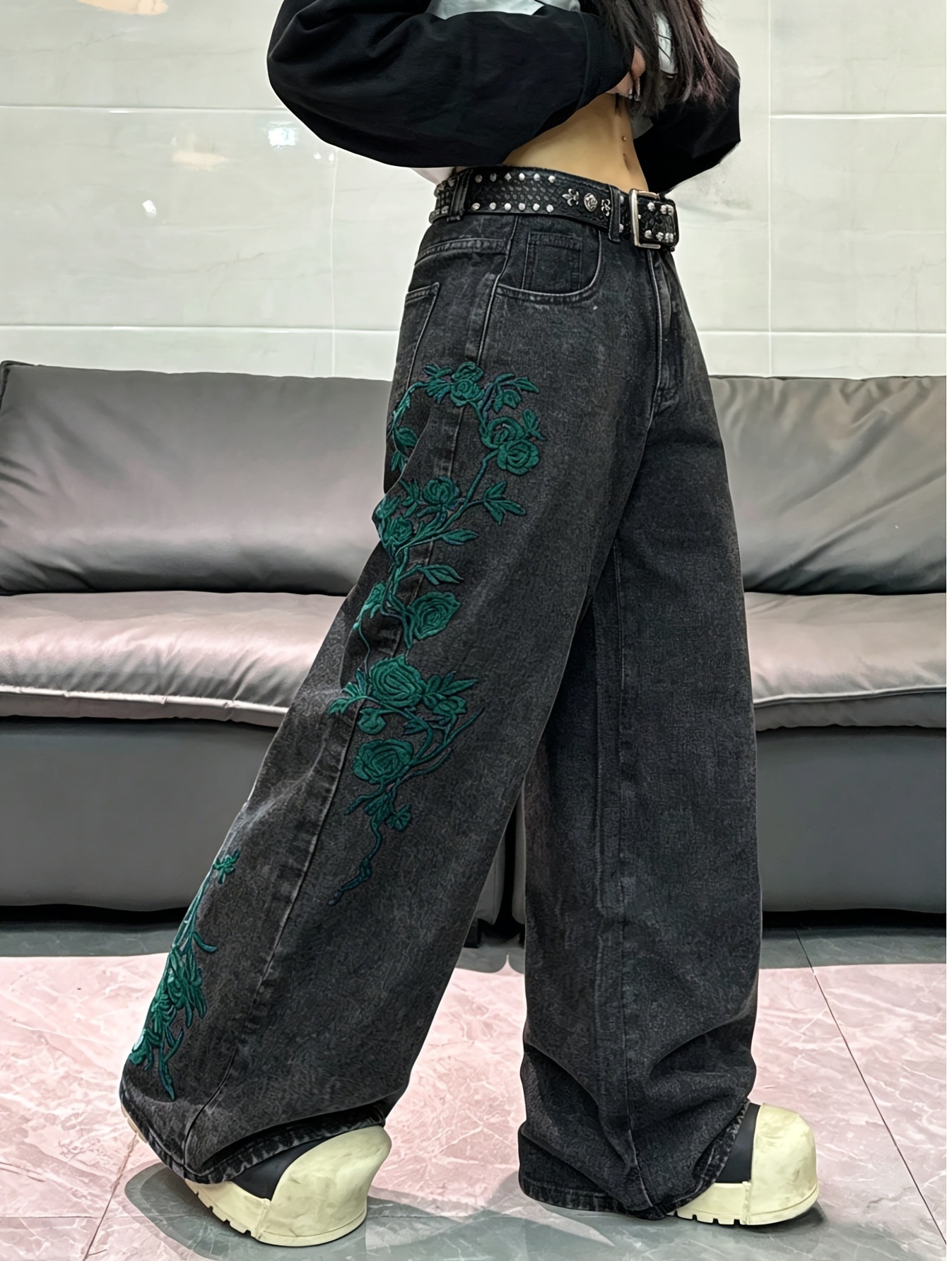 Embroidered Wide-Leg Denim Pants for Women