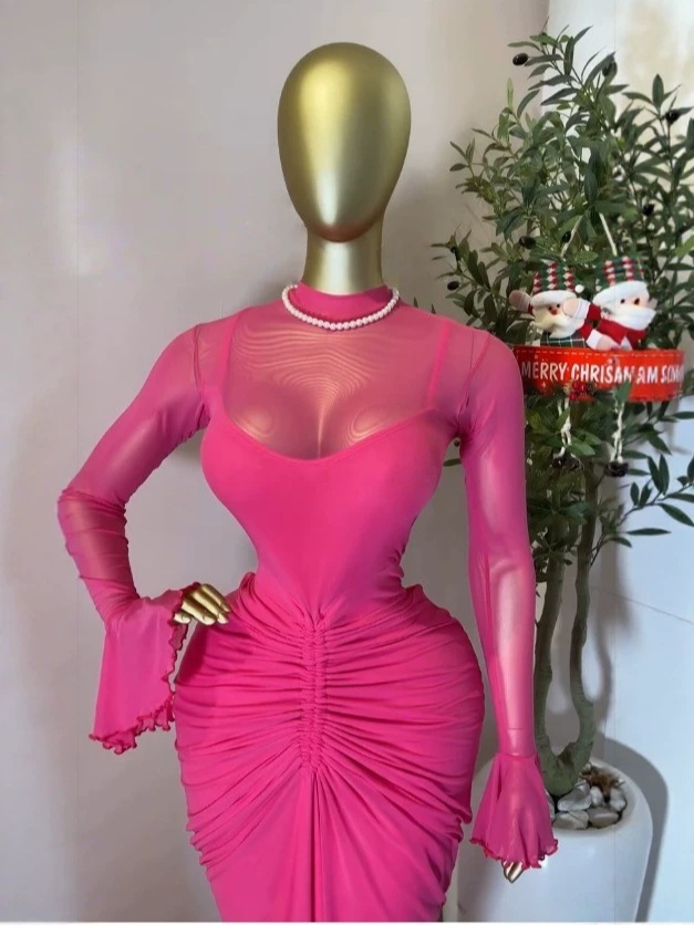 Womens Mesh Pleated Long Dress - Image 2