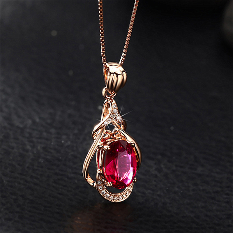 Rose Gold Plated Red Tourmaline Water Drop Gemstone Pendant Necklace with Chain - Image 2