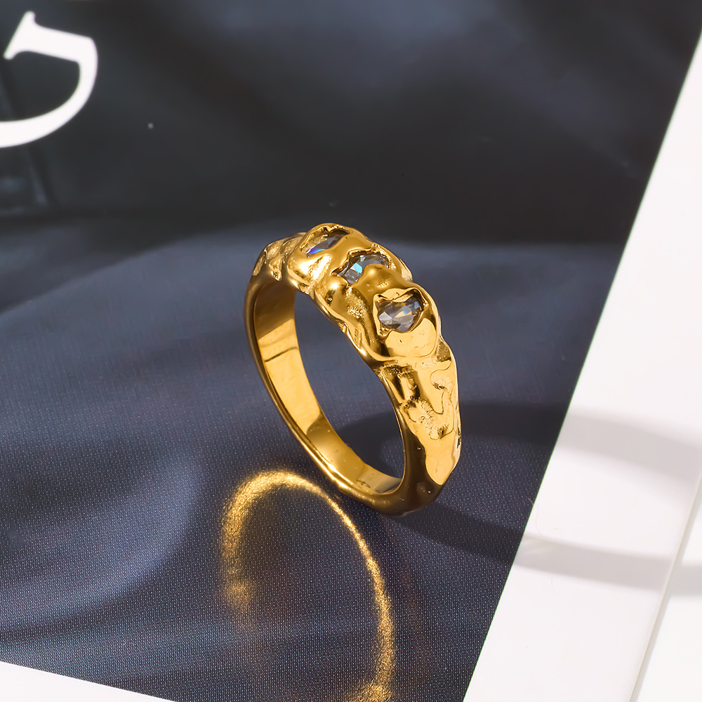 18K Gold Plated Irregular Texture Zircon Ring for Women Stainless Steel - Image 2