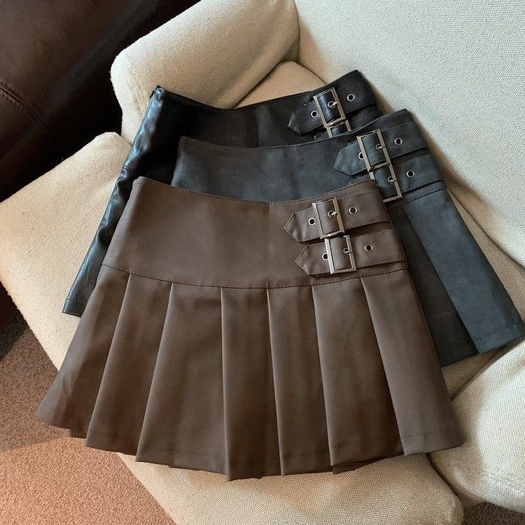 Womens High Waist Pleated PU Skirt - Image 4