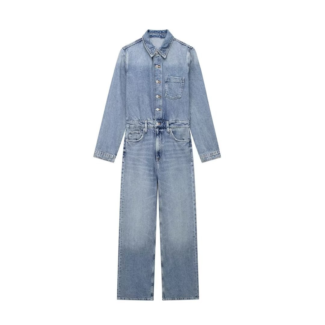 Long Sleeve Washed Denim Jumpsuit - Image 3