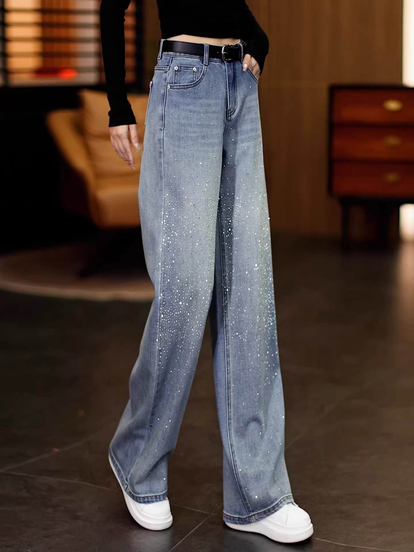 Rhinestone Wide Leg Denim Pants - Image 3