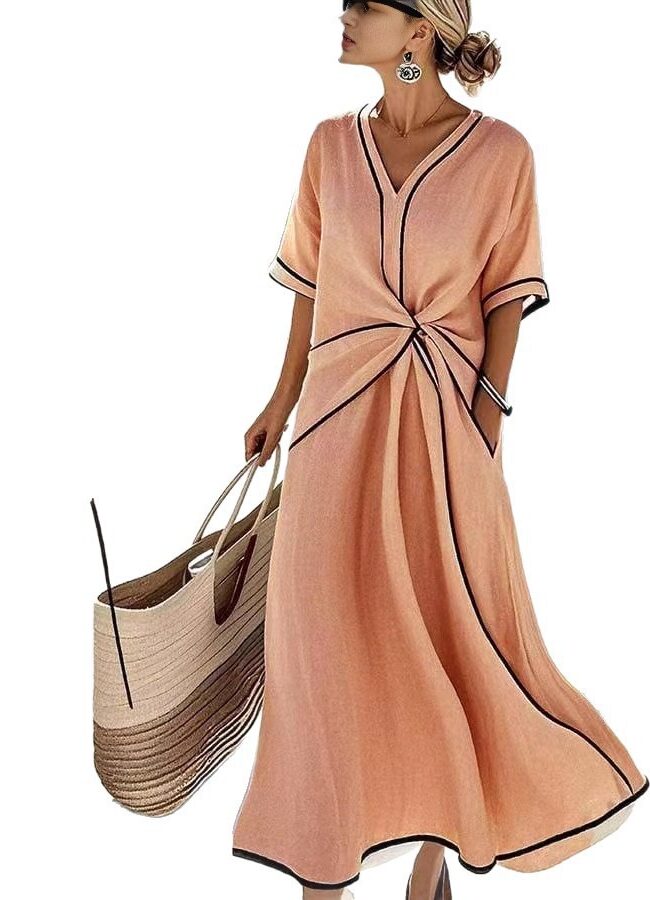 The Veronique Elegant V Neck Short Sleeve a Line Dress Loose Fit Detail – La Rose Couture Dresses & Gowns