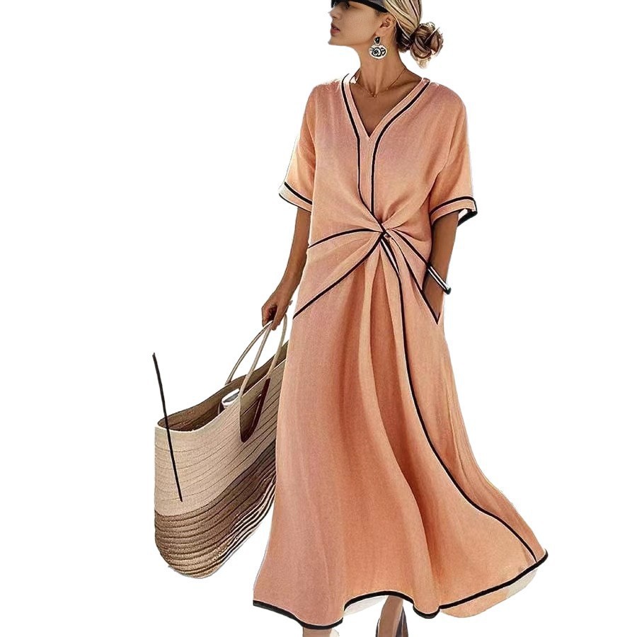 Womens Elegant V-Neck Short Sleeve A-Line Dress Loose Fit - Image 2