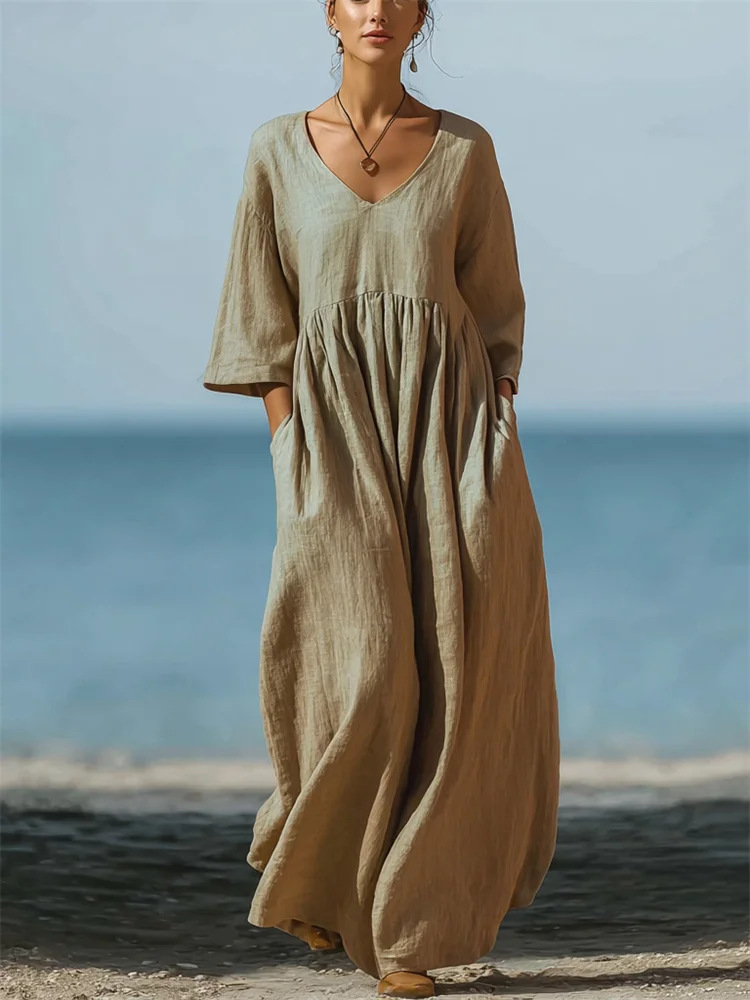 V-neck five-button casual loose pure-color dress - Image 5