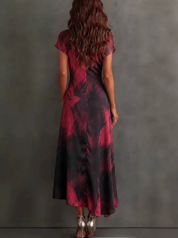 Elegant printed short-sleeved lace-up dress - Image 2