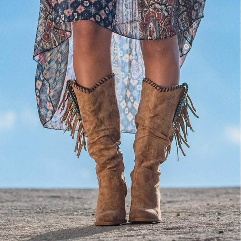Womens Suede Tassel Chunky Heel Boots - Image 2