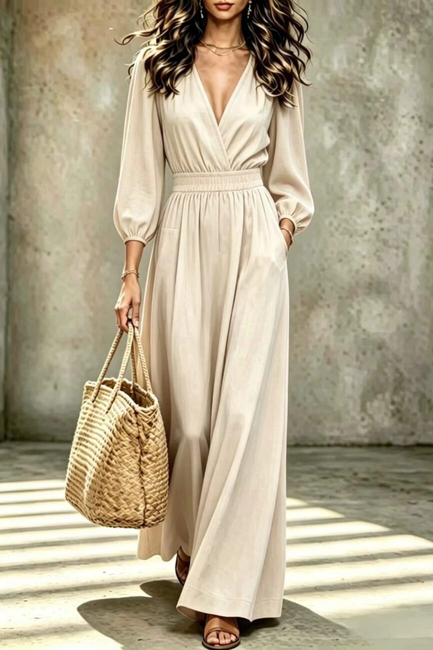 Elegant V Neck Waist Cinching Spliced Jumpsuit with Pockets – La Rose Couture Dresses & Gowns