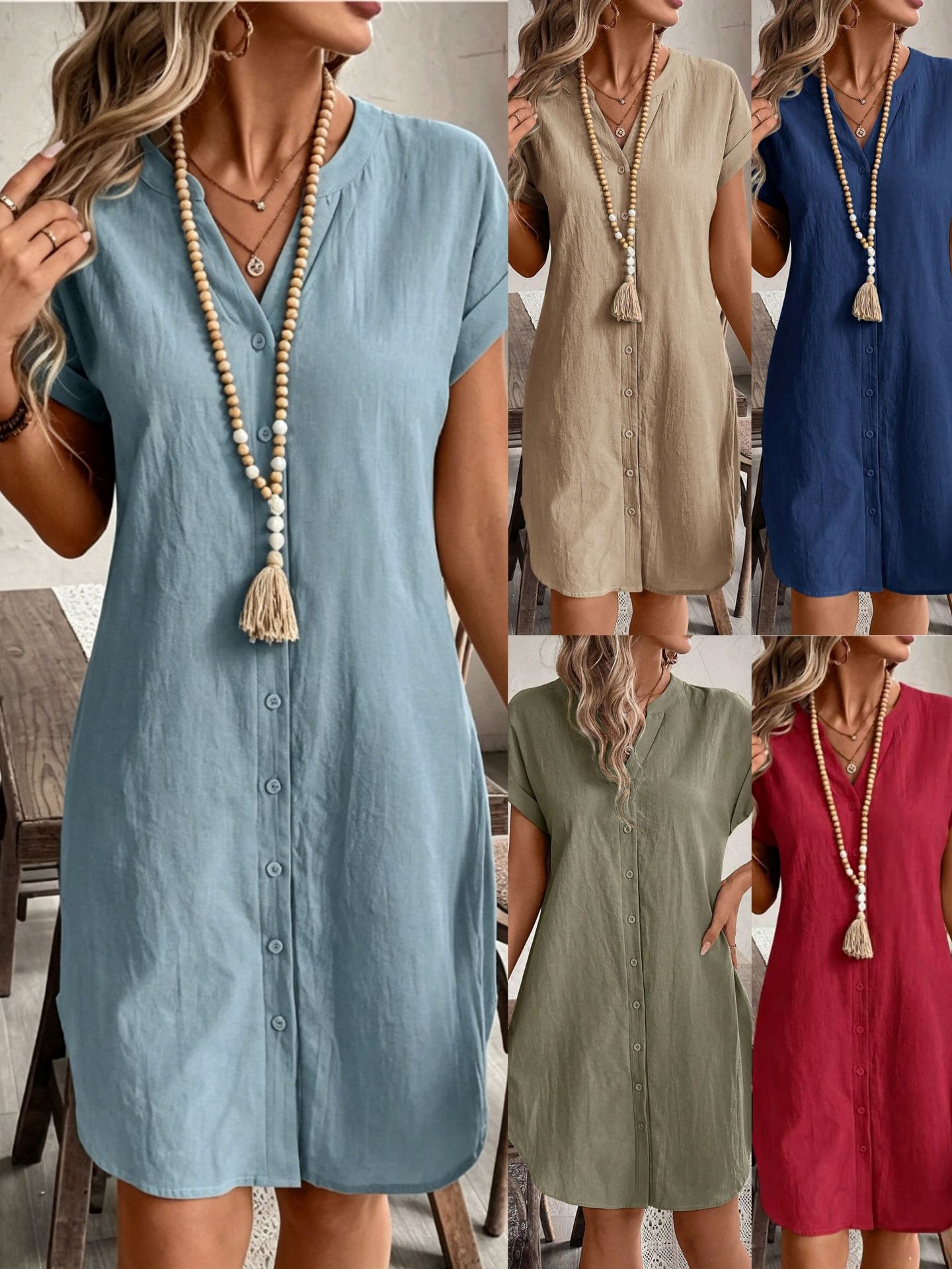 Womens V-Neck Cotton Casual Dress