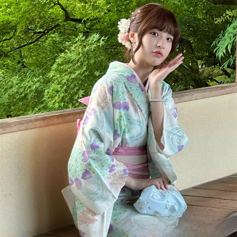 Womens Light Blue Long Kimono Yukata Dress with Girdle and Fan Headdress - Image 3