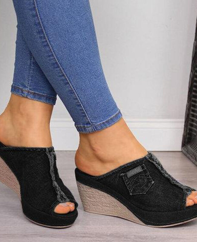 The Penelope Wedge Heel Denim Slip on Sandals Detail – La Rose Couture Shoes & Footwear