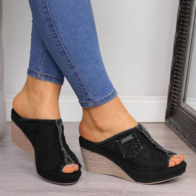 Womens Wedge Heel Denim Slip-On Sandals - Image 3