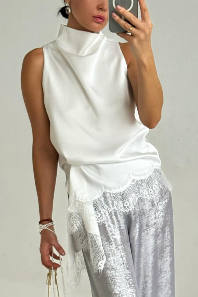 The Amelie Lace Trim Satin Vest Detail – La Rose Couture Tops & Blouses