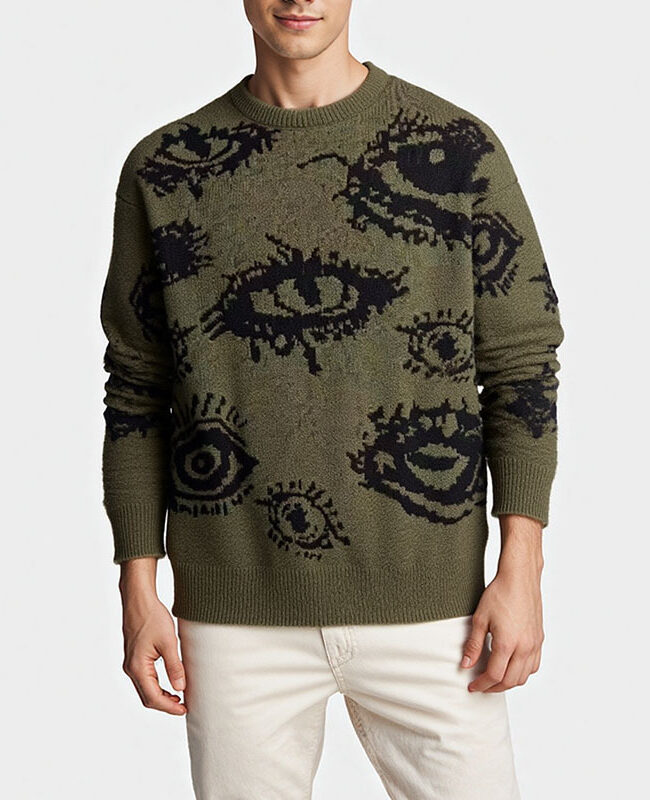 The Nathalie Jacquard Eye Pattern Round Neck Long Sleeve Loose Knit Pullover Detail – La Rose Couture Coats & Jackets
