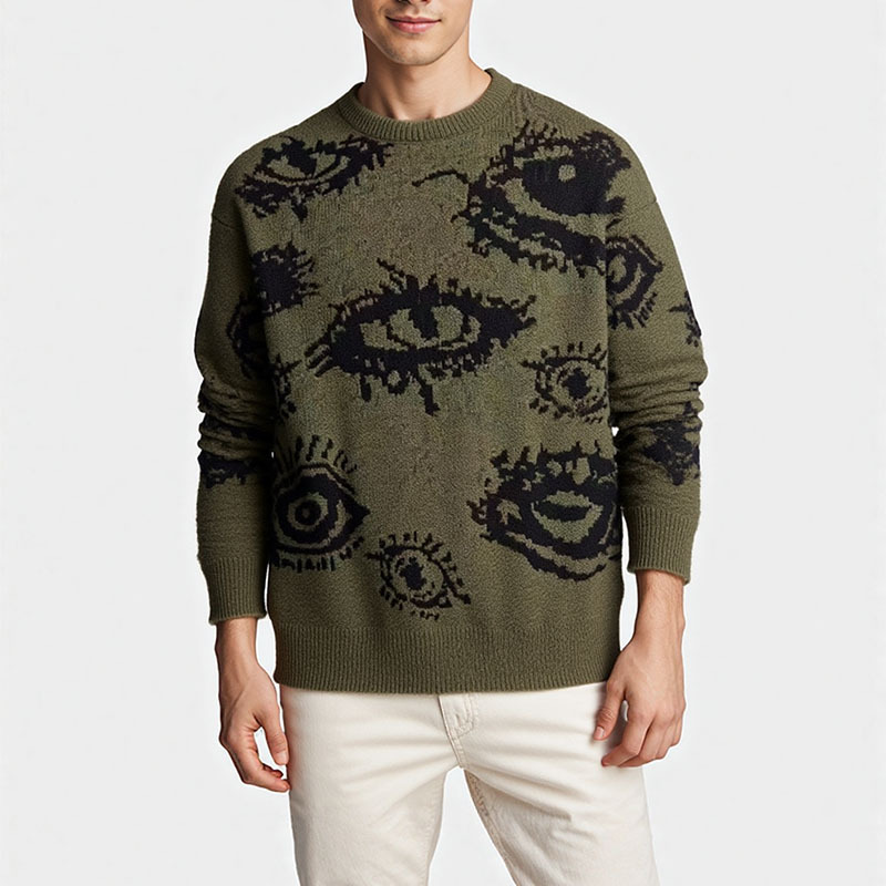 Men's Jacquard Eye Pattern Round Neck Long Sleeve Loose Knit Pullover - Image 3