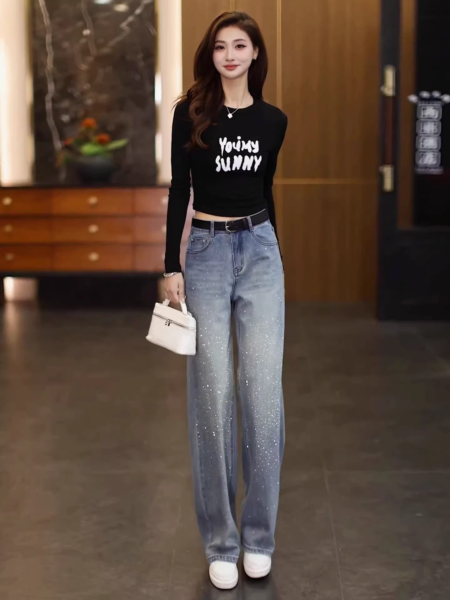 Rhinestone Wide Leg Denim Pants - Image 2