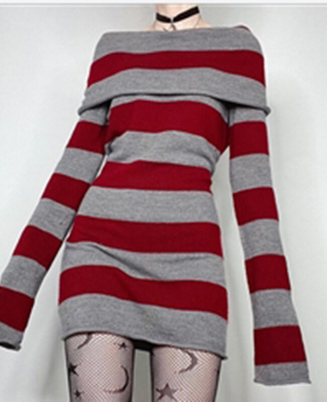 The Laurene Striped Off Shoulder Knitted Sweater Dress Detail – La Rose Couture Dresses & Gowns