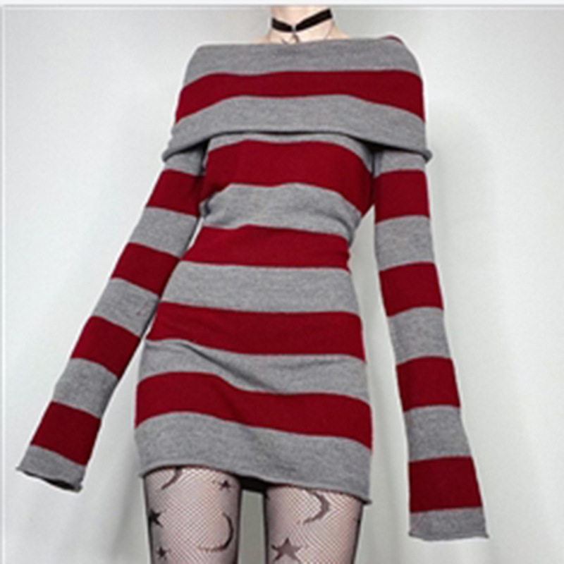 Striped Off-Shoulder Knitted Sweater Dress - Image 3