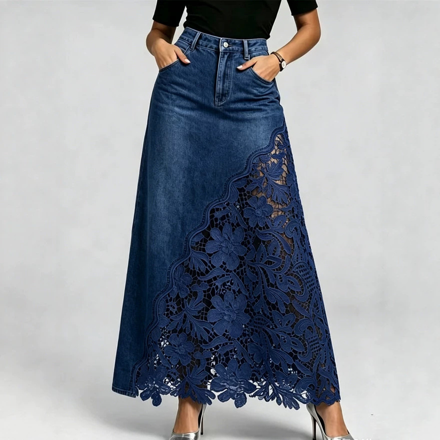 Lace Trim Denim Midi Skirt - Image 2