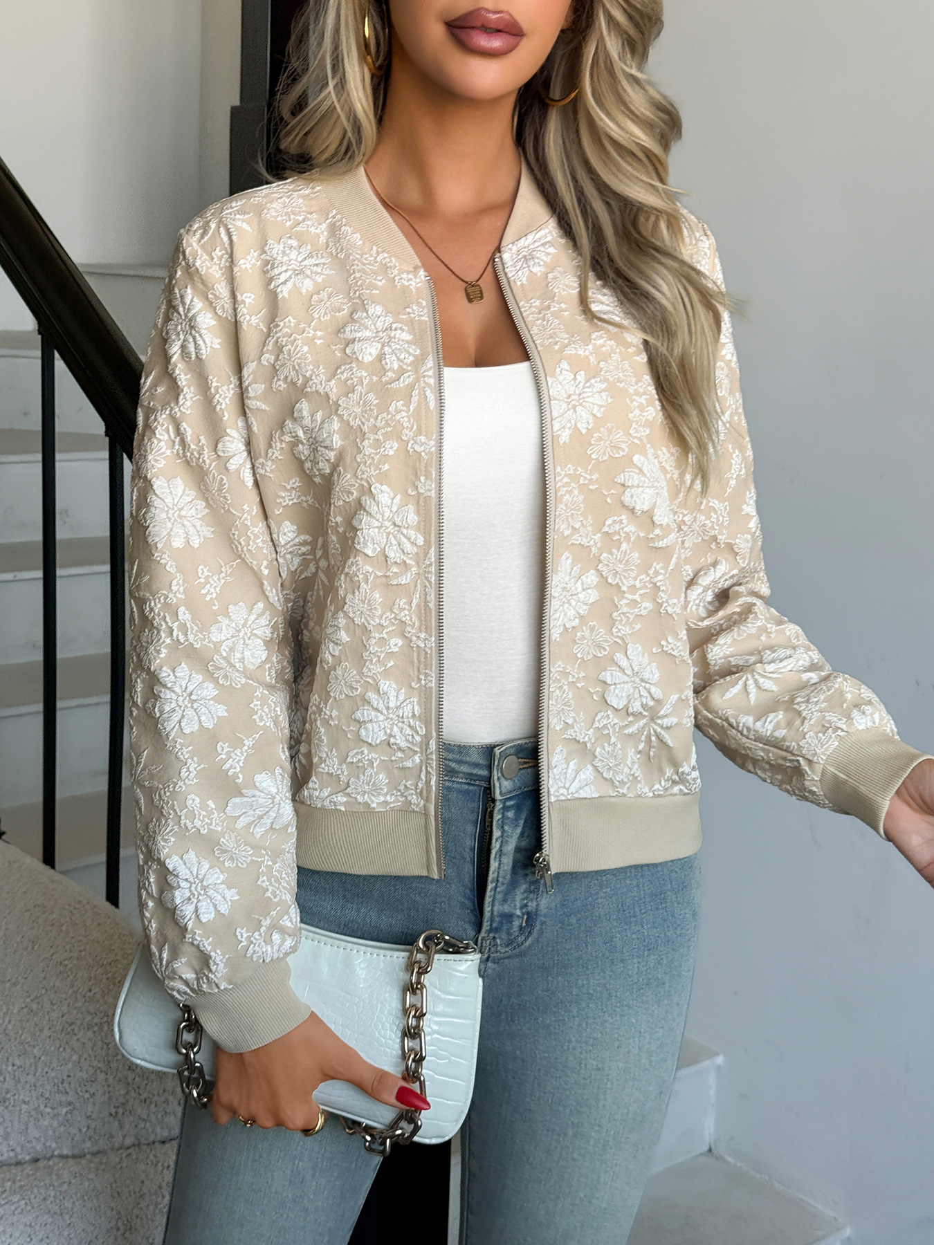Women's jacquard zipper loose-fit jacket