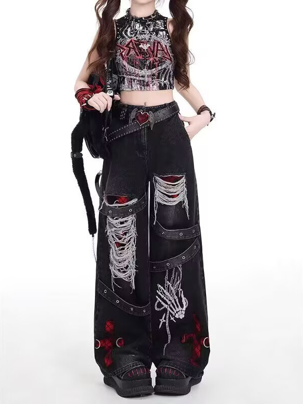 Womens Punk Style Retro Distressed Ripped Wide Leg Jeans - Image 4