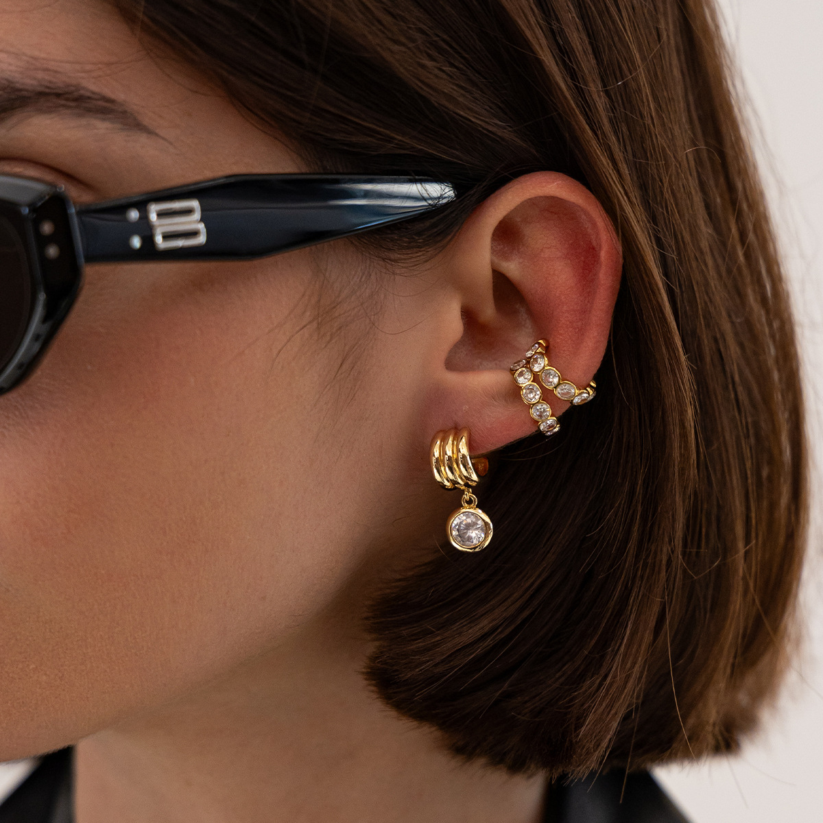 micro-paved zircon geometric stainless steel ear clips
