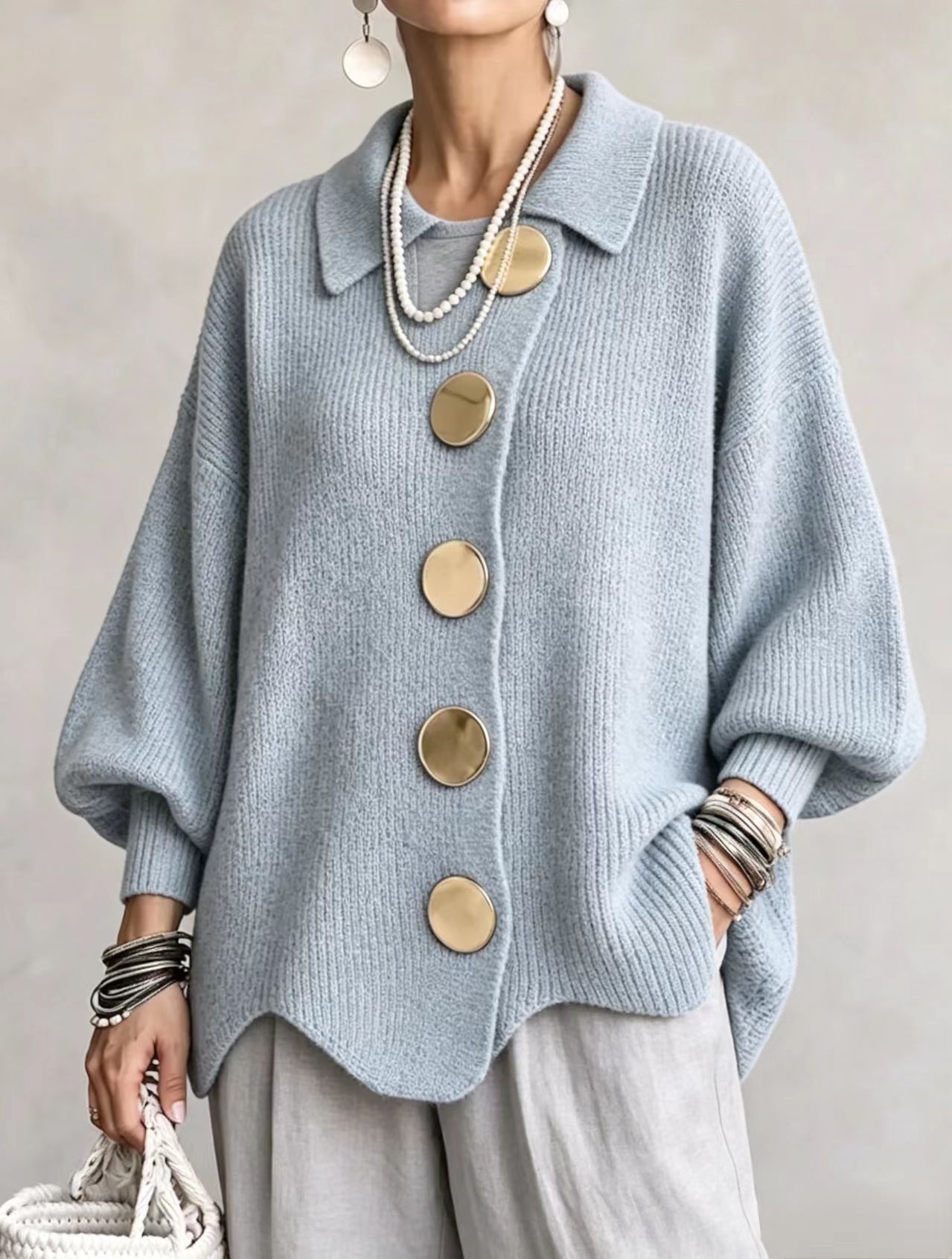 Women's knitted coat wave hem retro loose cardigan - Image 3