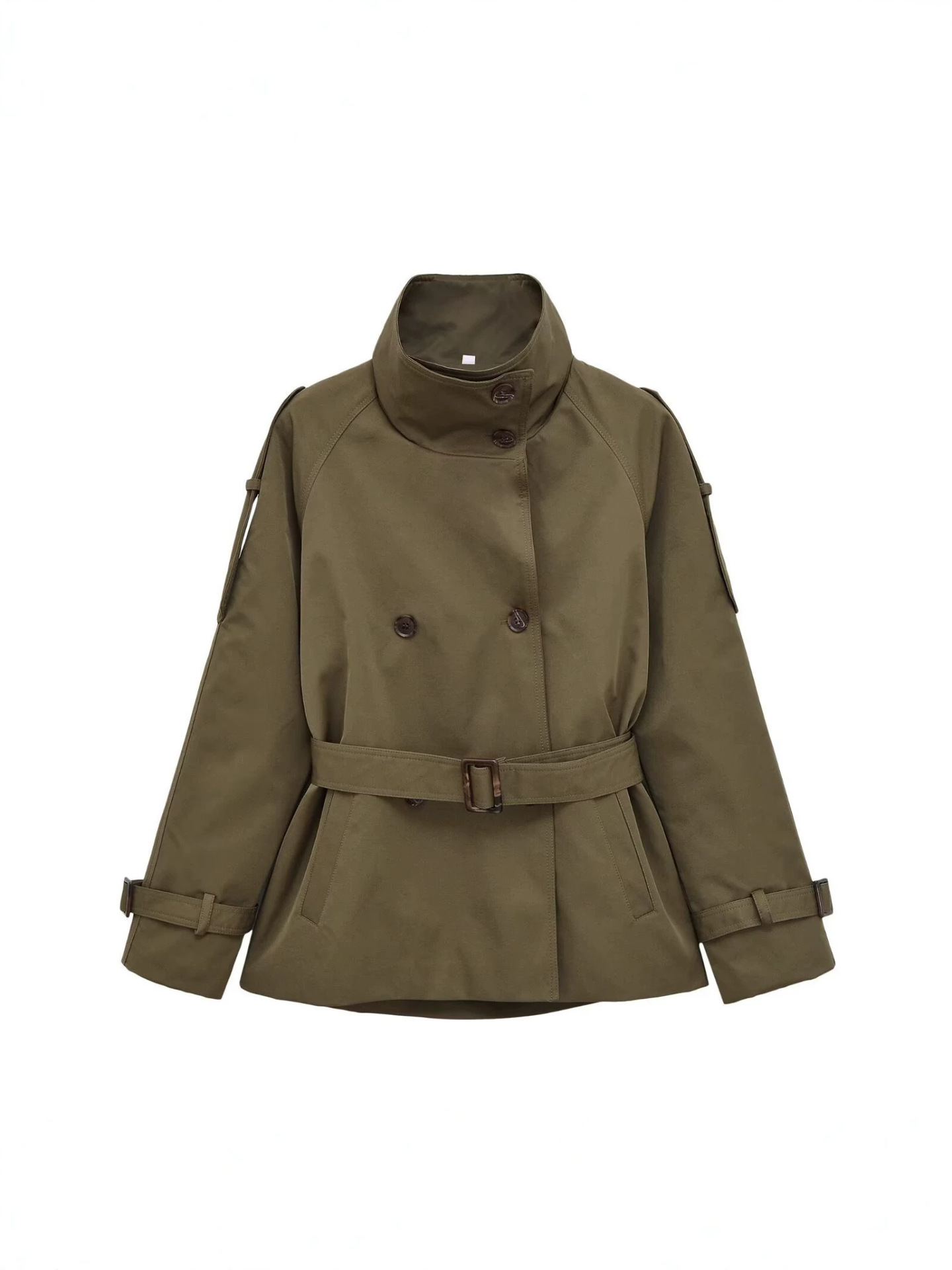 Women's Double-Breasted Stand Collar Belted Long Sleeve Short Trench Coat - Image 3