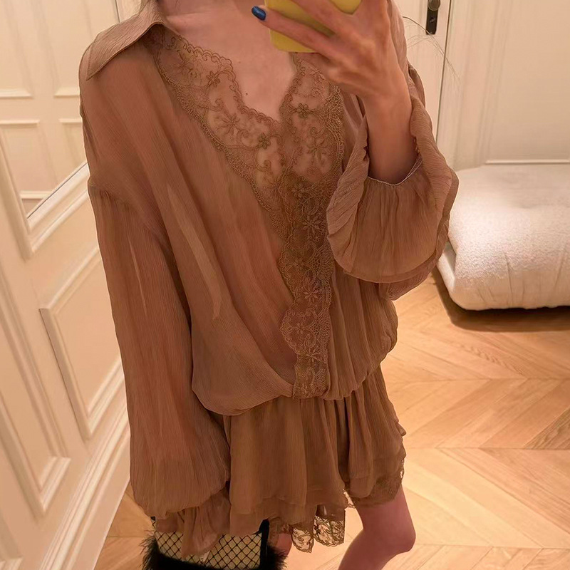 Korean Style Lace Patchwork Shirt Dress
