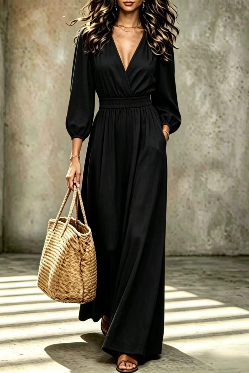 Elegant V Neck Waist Cinching Spliced Jumpsuit with Pockets Detail – La Rose Couture Dresses & Gowns