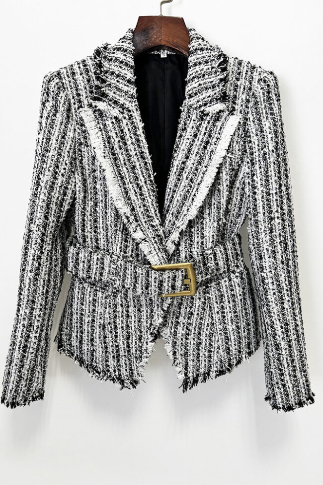 The Audrey Fringed Tweed Jacket Slim Fit Belted Suit Collar Long Sleeve Coat Detail – La Rose Couture Coats & Jackets