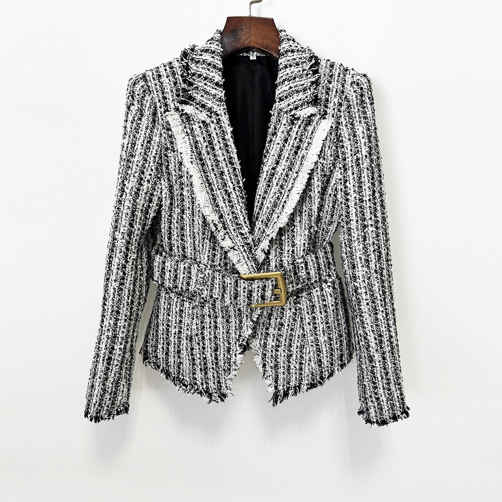 Women's Fringed Tweed Jacket Slim Fit Belted Suit Collar Long Sleeve Coat - Image 4