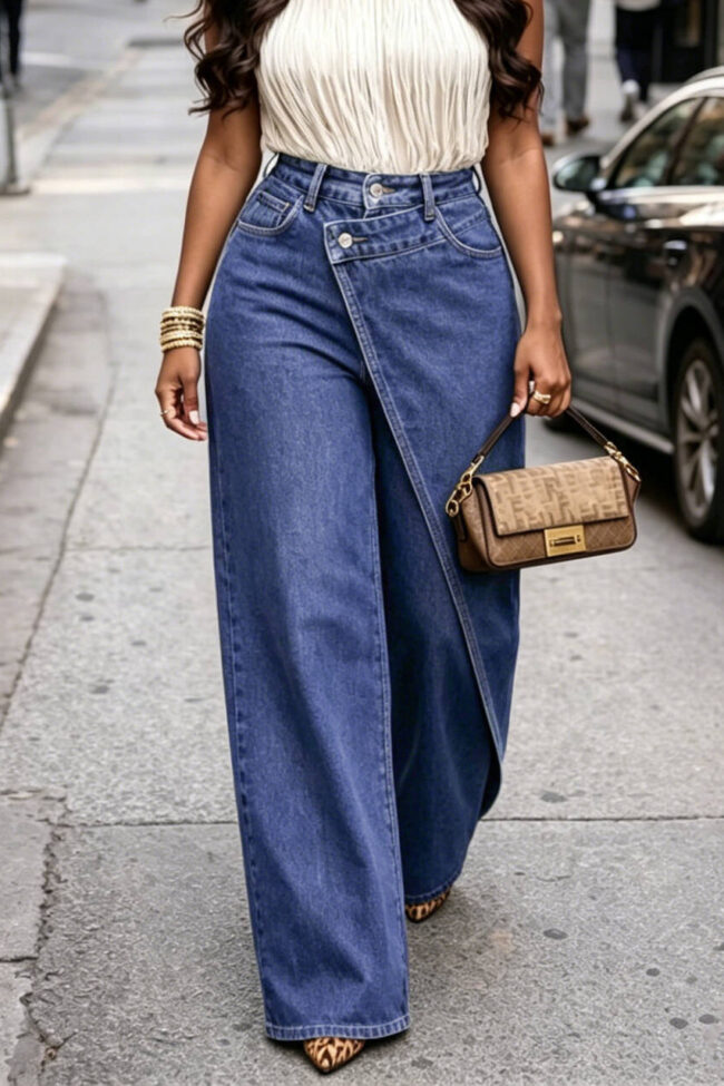 The Valerie Stylish High Waisted Asymmetrical Buckle Wide Leg Pants Detail – La Rose Couture Trousers & Skirts
