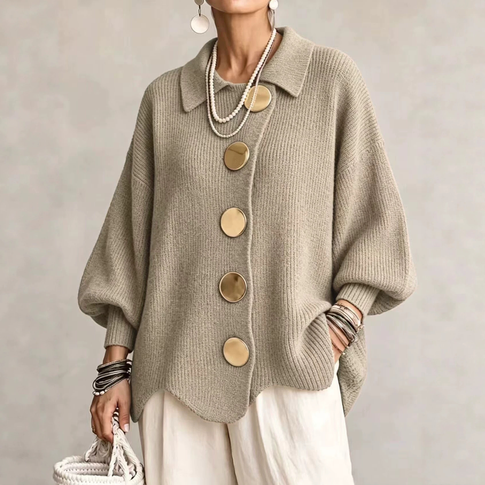 Women's V-Neck Button Long Sleeve Knit Sweater - Image 4