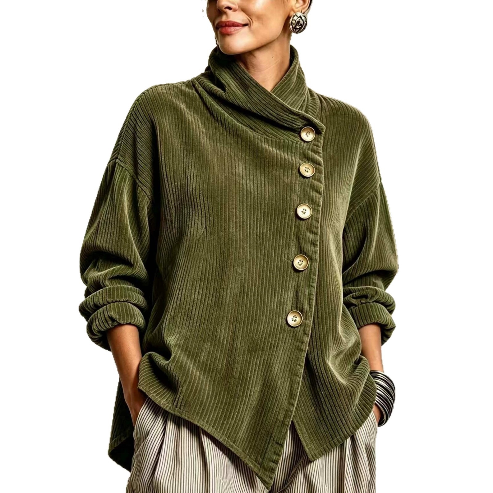 Women's Autumn Winter Corduroy Asymmetric Off-Shoulder Jacket - Image 5