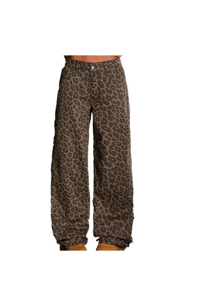 The Helene Leopard Print Vintage Washed High Waist Straight Denim Jeans Detail – La Rose Couture Trousers & Skirts